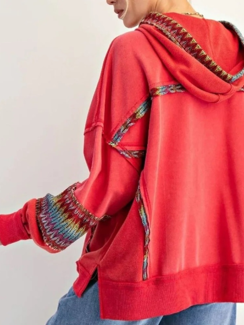 New Easel Poppy Red Daisy Patch Terry Hoodie Oversized Washed Pullover Small - Picture 4 of 5